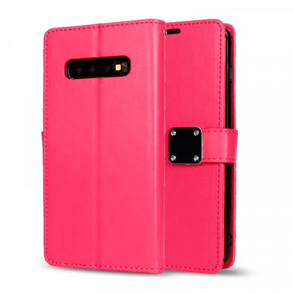 Wholesale Galaxy S10+ (Plus) Multi Pockets Folio Flip Leather Wallet Case with Strap (Hot Pink)